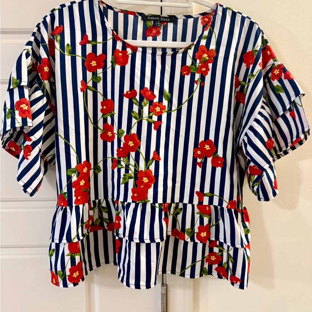 Sweet Rain Blue and Red Floral Striped Blouse